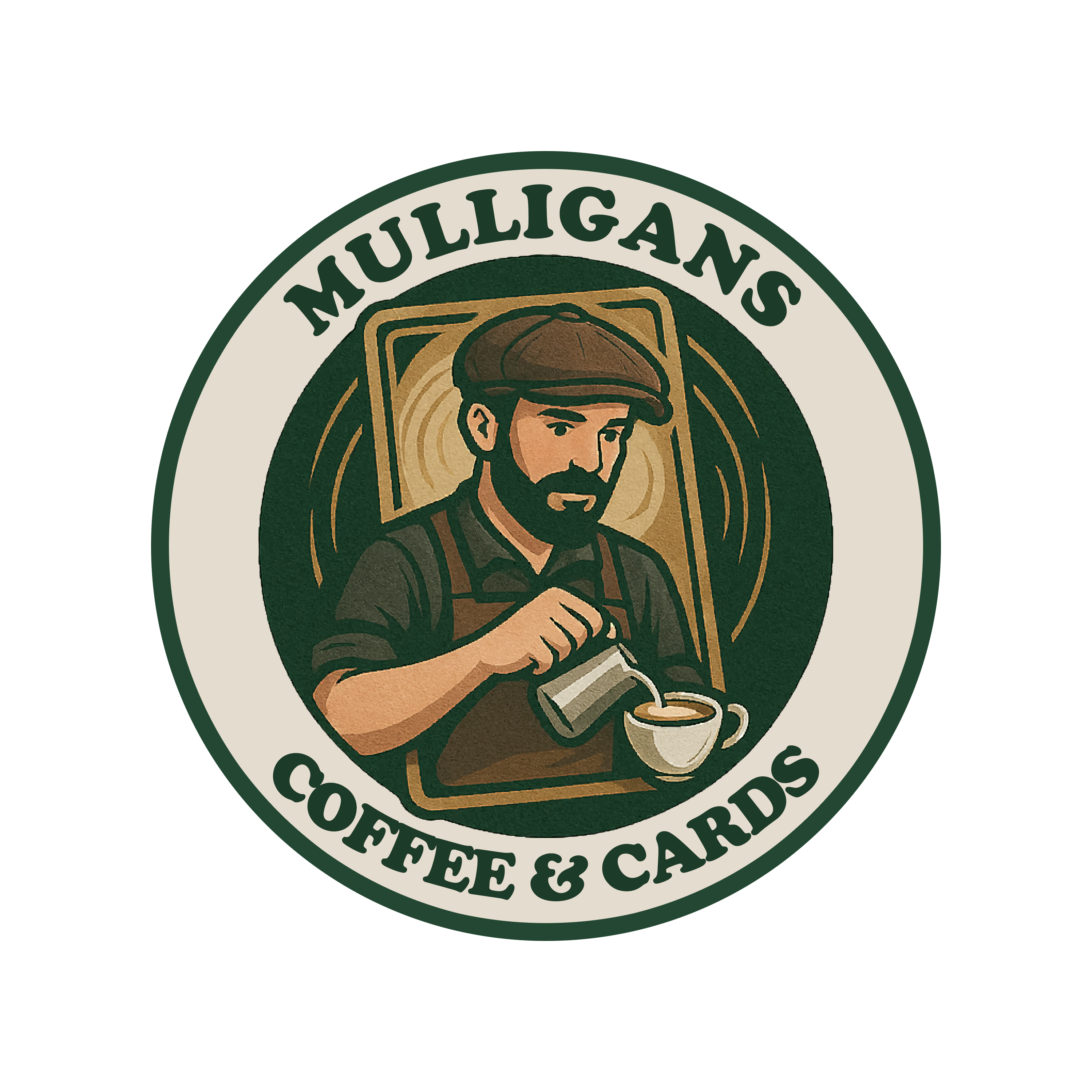 Mulligans Coffee & Cards logo with a bearded barista pouring coffee, framed by a trading card
